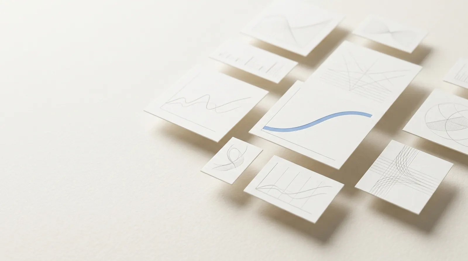 Paper cards with thin line charts and one blue curve, arranged on warm off-white paper. An illustration, not a screenshot.