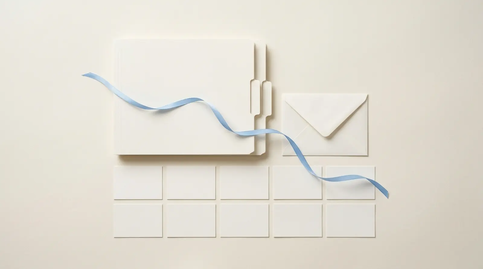 Archival folders, index cards and a sealed envelope laid out neatly on off-white paper, with a thin blue ribbon running through.