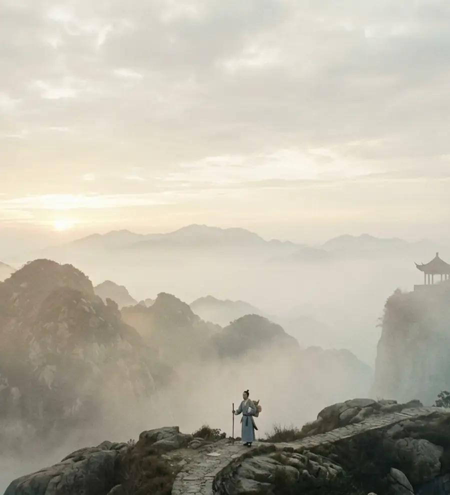 A lone traveller on a stone path above mist-filled mountains at dawn, with a pavilion in the distance. Concept art.